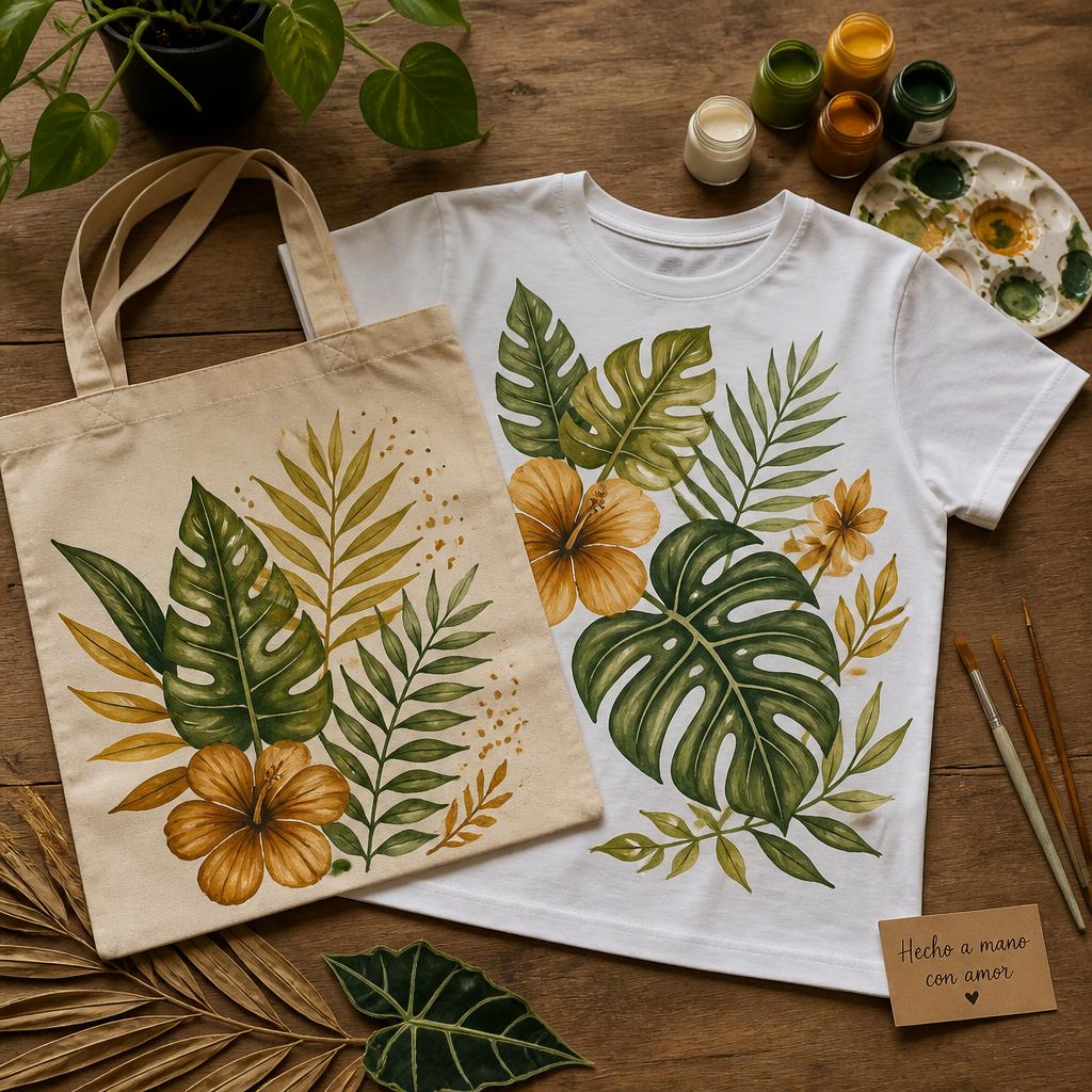 Camiseta y bolsa pintadas a mano con motivos tropicales