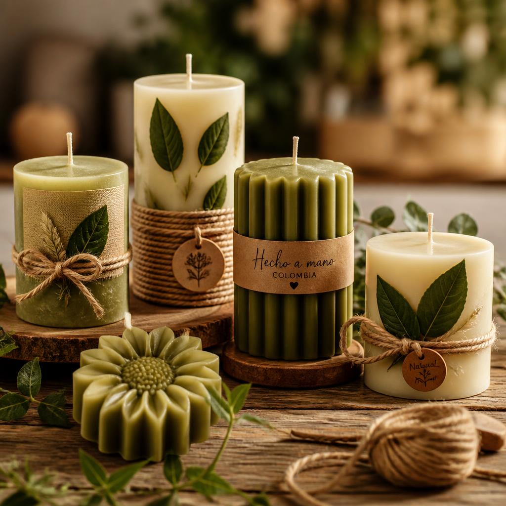 Velas artesanales decorativas en tonos verdes y crema